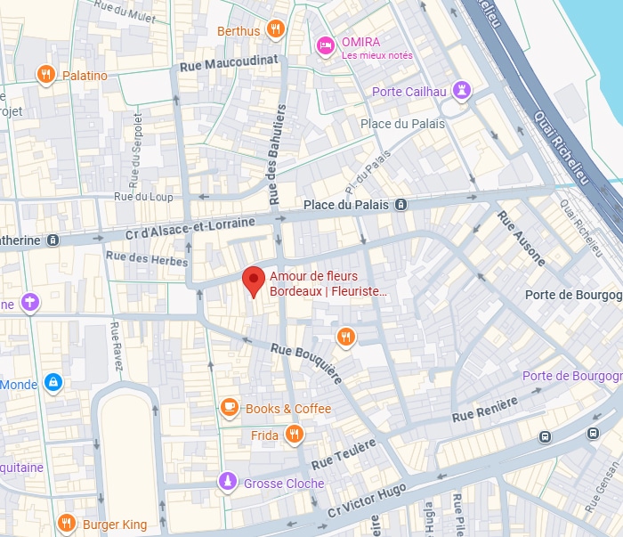 Carte de Bordeaux centrée sur Amour de fleurs | Fleuriste, près du Cr d'Alsace-et-Lorraine, Rue des Herbes et Place du Palais.